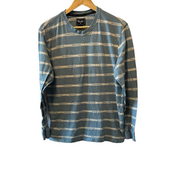 MENS PRIMITIVE Blue Graphic Striped Print Long Sleeve Cotton Casual Tee Shirt L - Picture 1 of 8